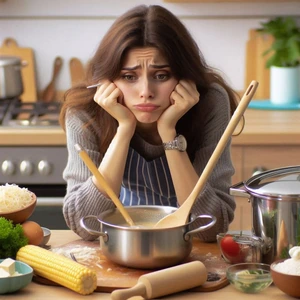 Mujer dudando frente a la comida por no saber qué puede comer