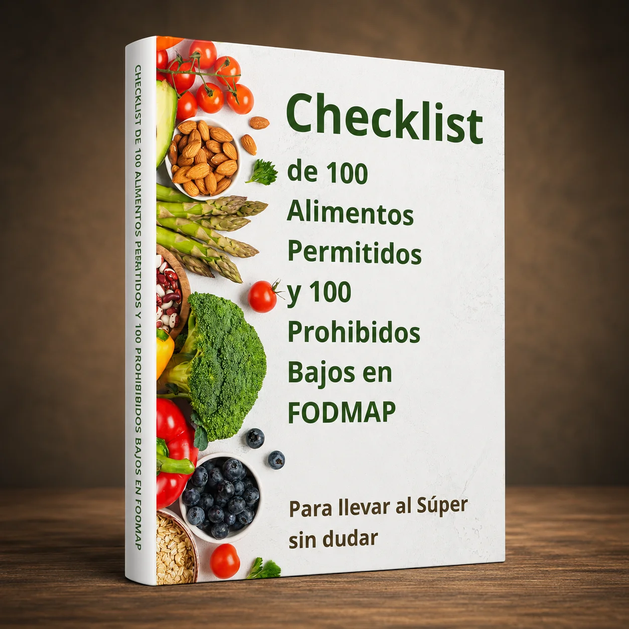 Mockup de checklist impresa de alimentos permitidos con verduras frescas