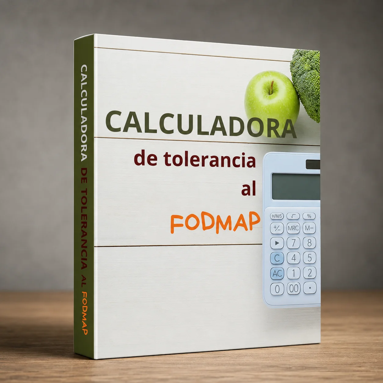 Mockup de la calculadora de tolerancia al FODMAP con manzana, brócoli y calculadora