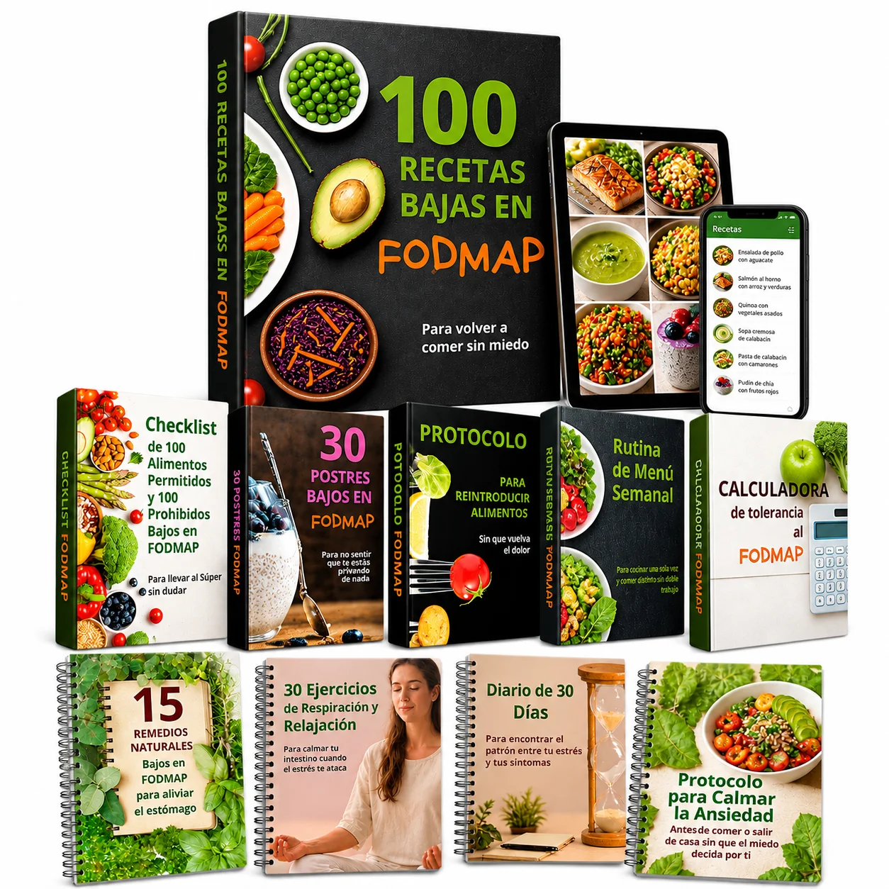 Paquete premium: guía 100 Recetas Bajas en FODMAP, 5 bonos y 4 ebooks adicionales de bienestar digestivo