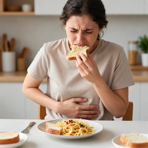 Mujer con molestia digestiva al comer