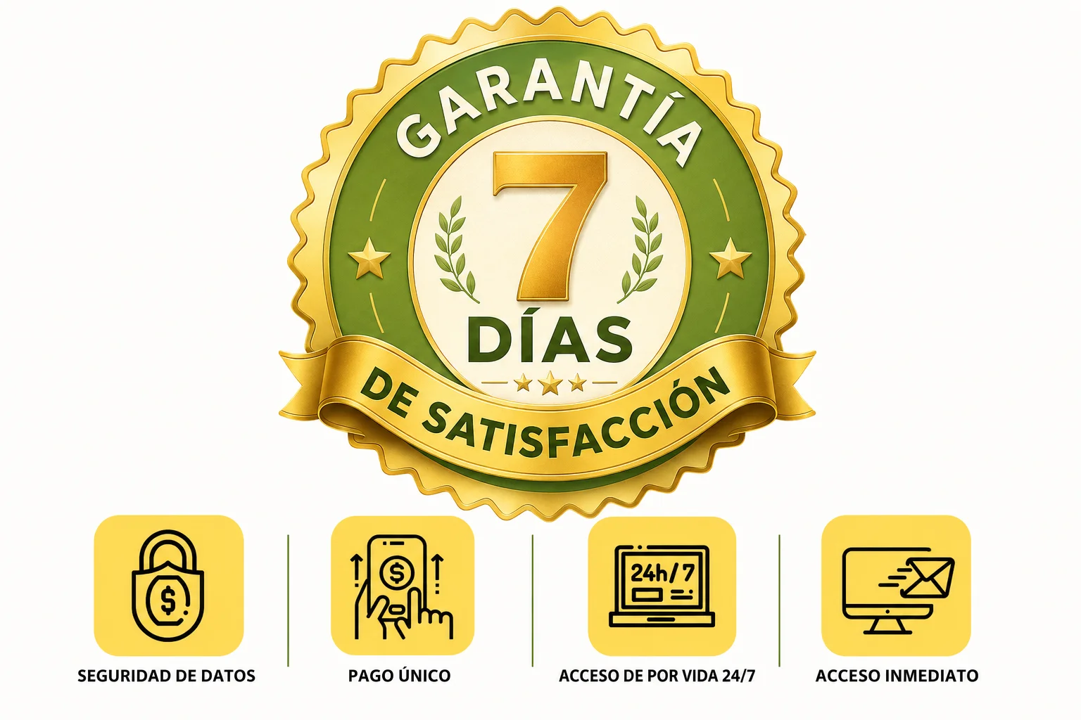 Garantía de satisfacción de 7 días. Compra segura, pago único y acceso inmediato de por vida.