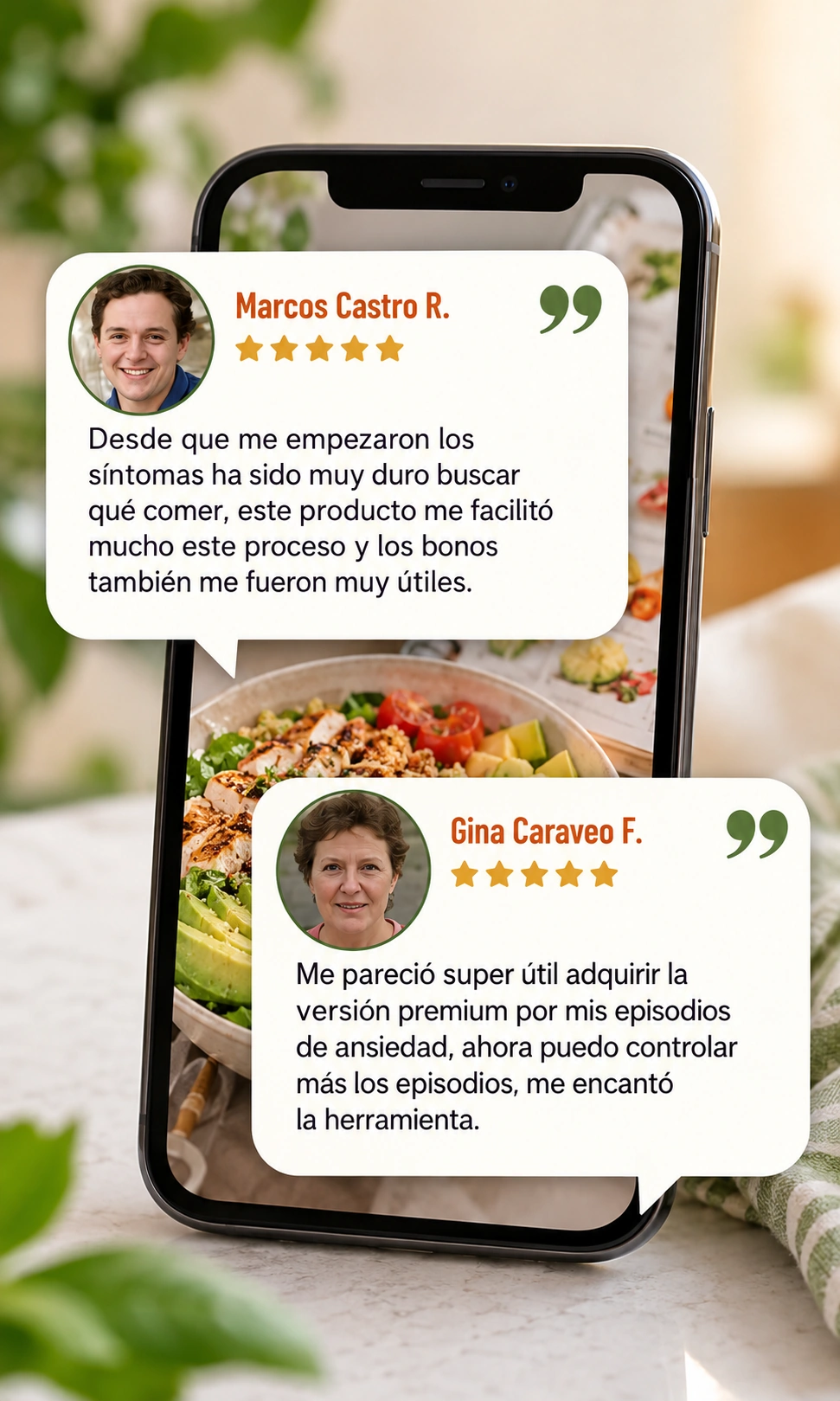 Opiniones de Marcos Castro y Gina Caraveo sobre las recetas bajas en FODMAP y los bonos