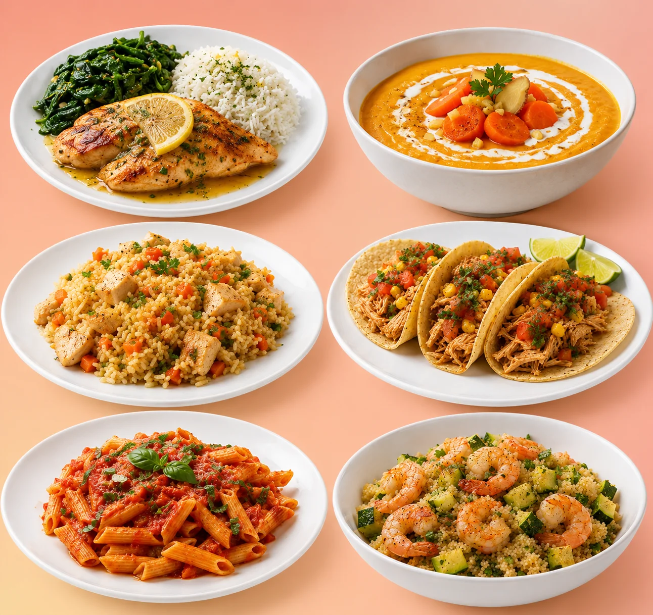 Almuerzos bajos en FODMAP: pollo al limón con arroz, sopa de zanahoria y ensalada de quinoa