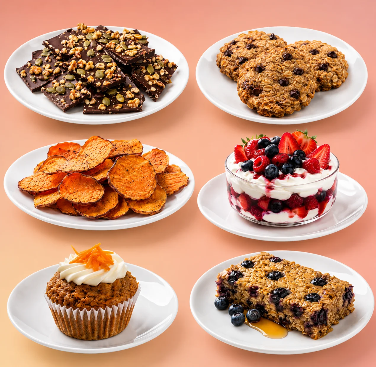Snacks bajos en FODMAP: bark de chocolate, palomitas, yogur con fresas y chips de camote